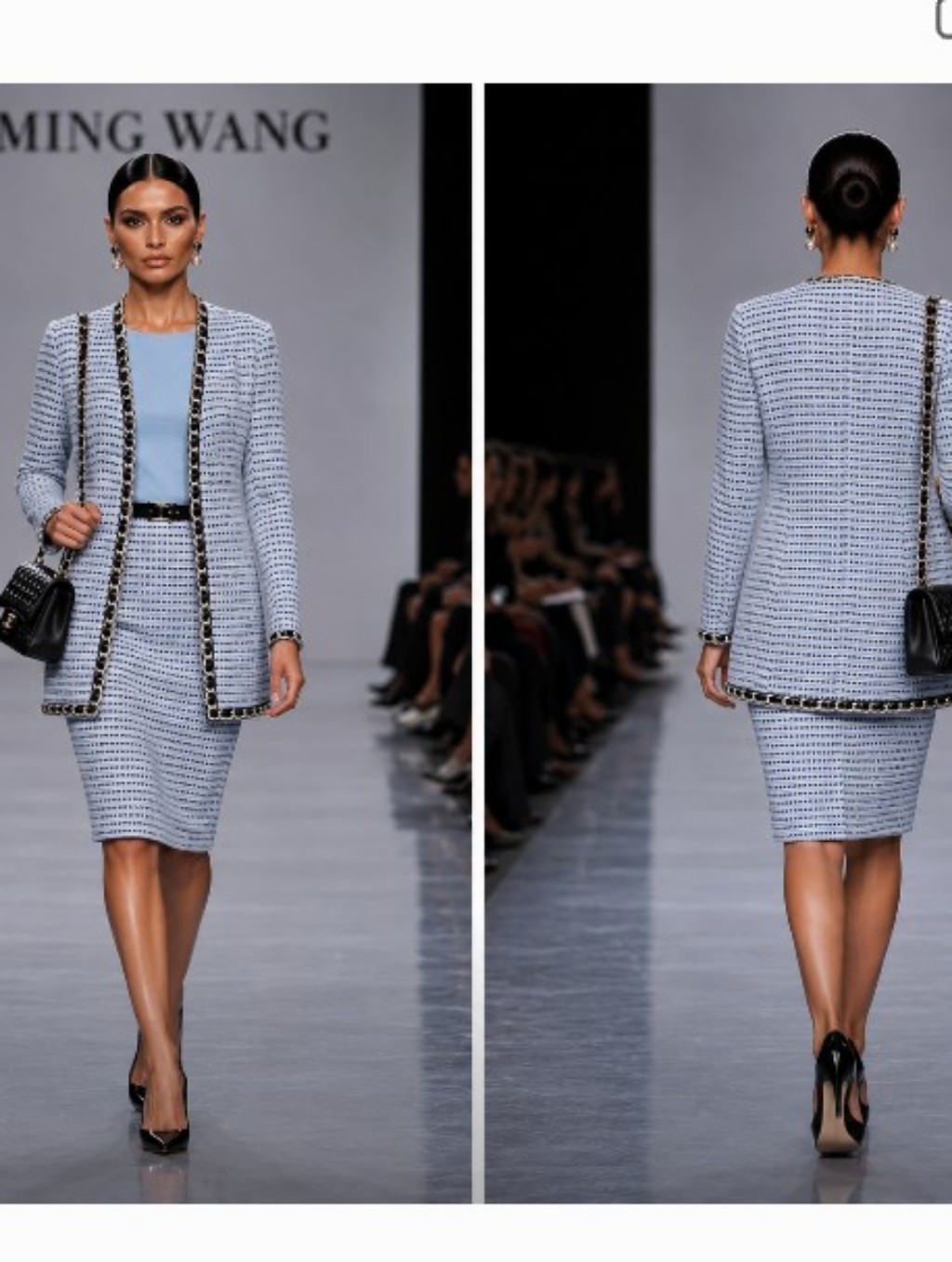 Ming Wang M-L 3 Pc Blue Black Knit Tweed Boucle Chain Light Weight Skirt Suit